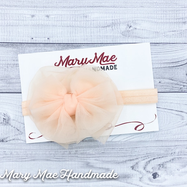 Peach Chiffon Bow on Headband for Babies and Little Girls