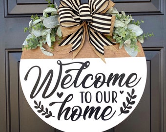 Welcome Home Front Door Sign: Round Wood Wreath with Bow
