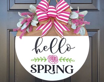 Hello Spring Door Hanger: Pink Bow, Floral Wood Sign