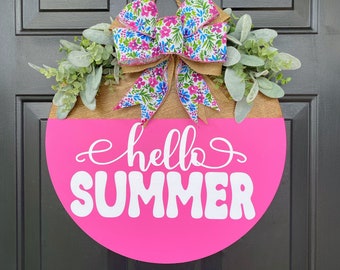 Front Door Sign for Summer, Hello Summer Door Wreath, Door Decor, Hello Summer Wreath, Summer Decor, Welcome Summer Sign, Pink Front Door