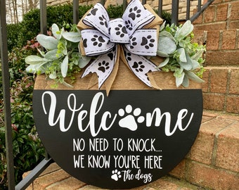 Funny Dog Welcome Sign: No Need To Knock, Wood Round Door Hanger