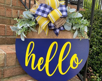 Hello sign for front door, Wood Hanging Sign, Navy door sign, Welcome sign, Front door Hanger, Hello Sign, Year Round Door hanger