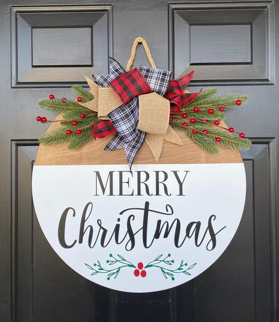 Merry Christmas Wreath Red Buffalo Plaid Xmas Welcome Door Hanger Sign For Front Door Decoration Winter Door Sign 12 Inch Welcome Wood