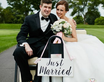 Just Married Wedding Sign: White Wood, Black Lettering