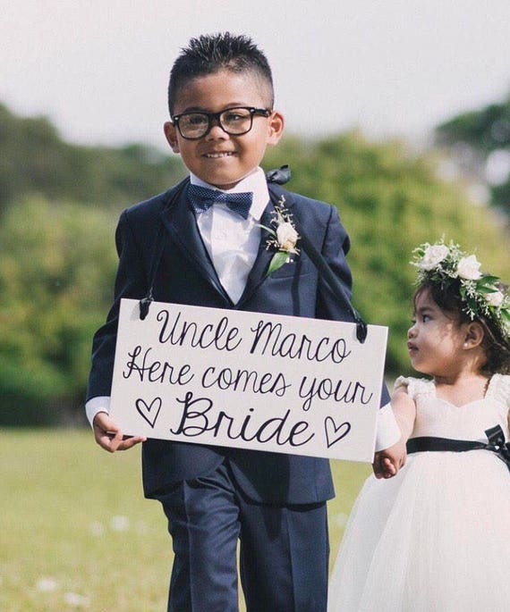 For Once Shes On Time Ring Bearer Ring Bearer Signs Here Comes the Bride Wooden Ring Bearer Sign Wedding Sign