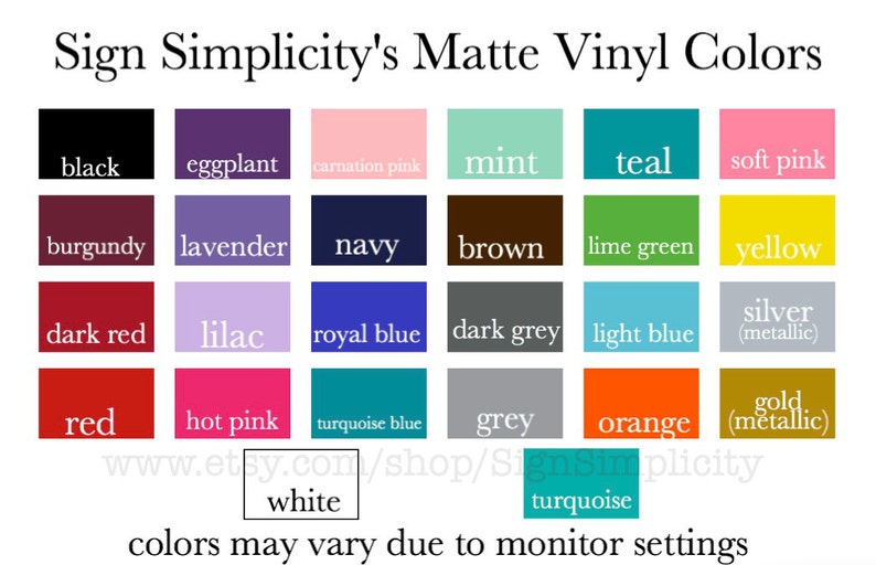 May include: A chart of matte vinyl colors for crafting projects. The colors include black, eggplant, carnation pink, mint, teal, soft pink, burgundy, lavender, navy, brown, lime green, yellow, dark red, lilac, royal blue, dark grey, light blue, silver (metallic), red, hot pink, turquoise blue, grey, orange, gold (metallic), white, and turquoise.