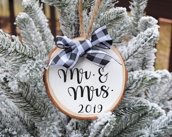 Wood slice ornament, Mr and Mrs Christmas Ornament, Wedding gift, Couples Ornament, Rustic Ornament