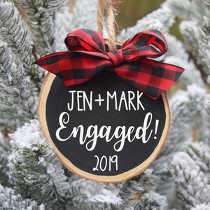 Engaged Christmas Ornament, Christmas Ornament Personalized, Wood Slice Ornament, Wedding couple gift, Christmas gift for Engages Couple