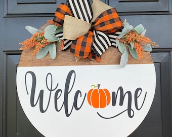 Fall Welcome Sign: Round Door Hanger with Pumpkin & Bow