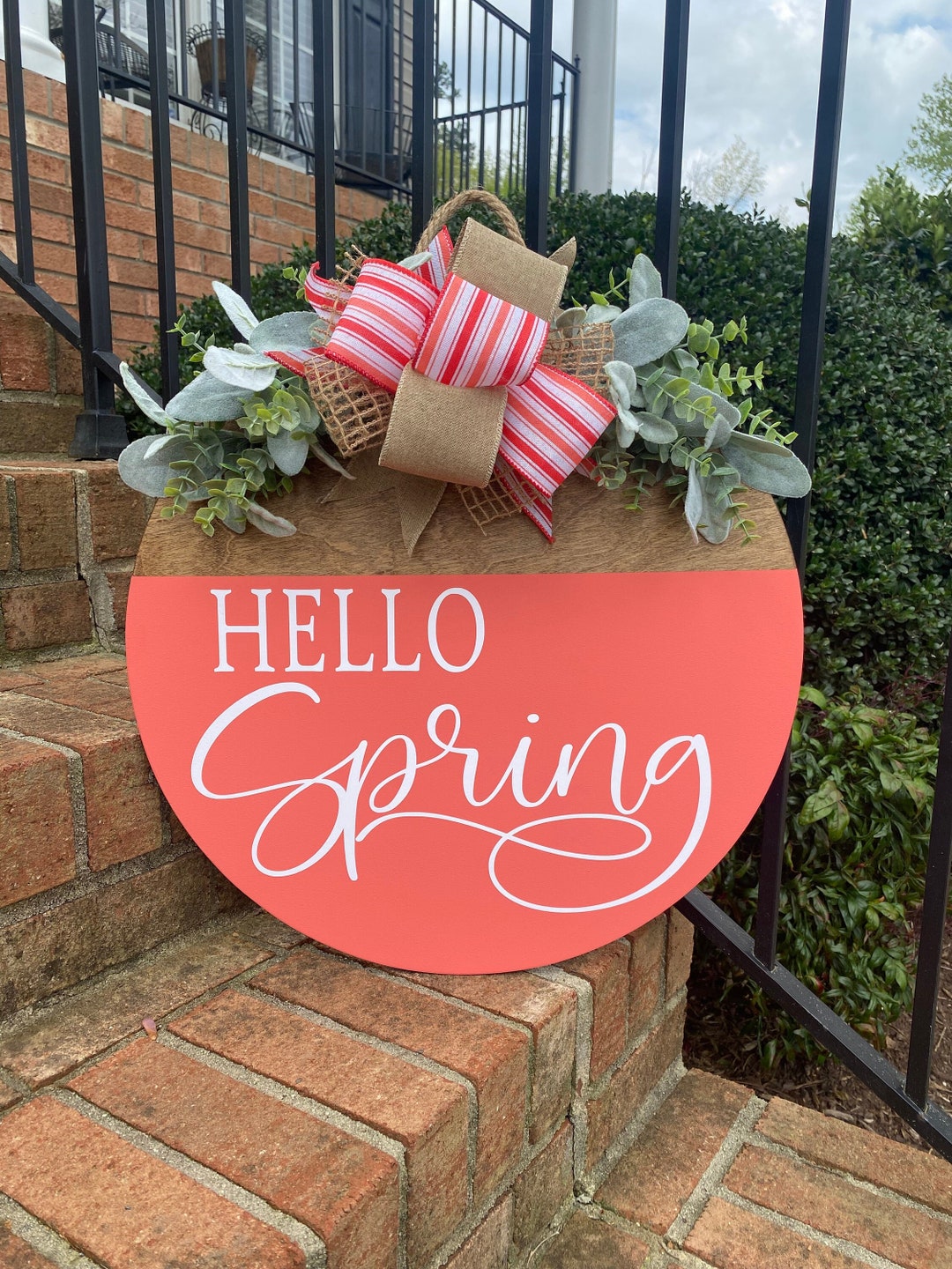 Hello Spring Door Sign: Coral Welcome Wreath - Etsy