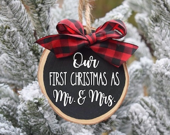 First Christmas Ornament: Mr. & Mrs. Wood Slice, Plaid Ribbon