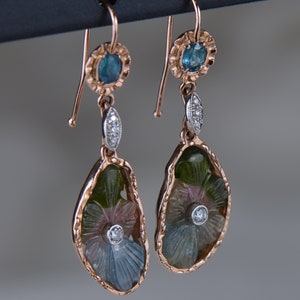 Tri-Color Tourmaline, Paraiba Tourmaline and Diamond Earrings (14K Rose Gold and 14K White Gold)
