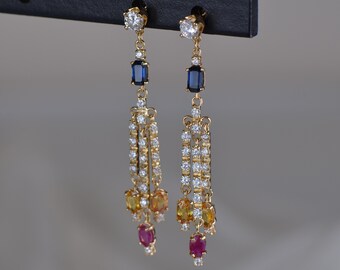 Natural Sapphire, Ruby and Diamond Waterfall Stud Earrings