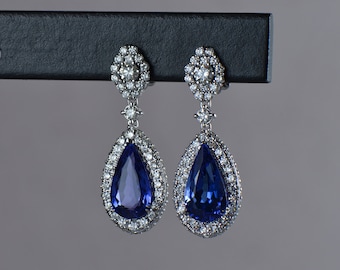 Hand Crafted Blue Tanzanite and Diamond Earrings in White Gold [RESERVED]