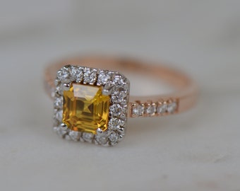 Asscher Cut Orange Sapphire and Diamond Ring (14K Rose Gold & 14K White Gold)