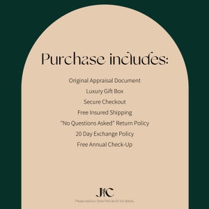May include: A graphic with the text "Purchase includes:" followed by a list of benefits, including an original appraisal document, luxury gift box, and secure checkout. The image has a dark green background with a beige arch shape.