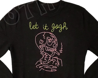 Hand Embroidered Smoking Skull On Cashmere, Let It Gogh Sweater, Embroidered Cashmere Sweater, Skull Cashmere, Van Gogh Sweater