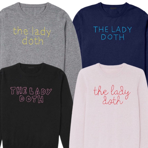 WOMENS SIZE Custom Embroidered Cashmere Sweatshirt, Embroidered Cursive, Embroidered Cashmere Sweater, The Lady Doth, Capsule Wardrobe