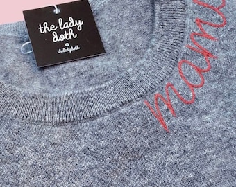 FLASH SALE Embroidered Cashmere Sweater: Custom Stitched Collar Crewneck