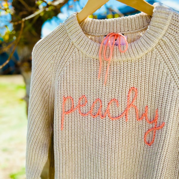 Customized Organic Cotton Knit Sweater, Custom Hand Embroidered Sweater, Hand Stitched Personalized Sweater, Custom Embroidered Knit Sweater