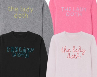 WOMENS SIZE Custom Embroidered Cashmere Sweatshirt, Embroidered Cursive, Embroidered Cashmere Sweater, The Lady Doth, Capsule Wardrobe