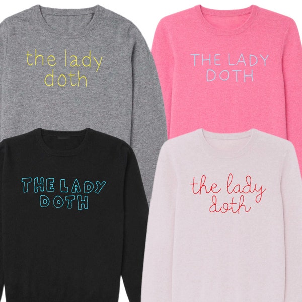 WOMENS SIZE Custom Embroidered Cashmere Sweatshirt, Embroidered Cursive, Embroidered Cashmere Sweater, The Lady Doth, Capsule Wardrobe