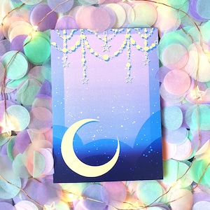 Peut inclure: Une impression d'art sur le thème céleste avec un croissant de lune, des étoiles et un ciel dégradé dans des tons de bleu et de violet. Le motif comprend des guirlandes de perles et d'étoiles suspendues. L'impression est entourée de confettis colorés et de guirlandes lumineuses.