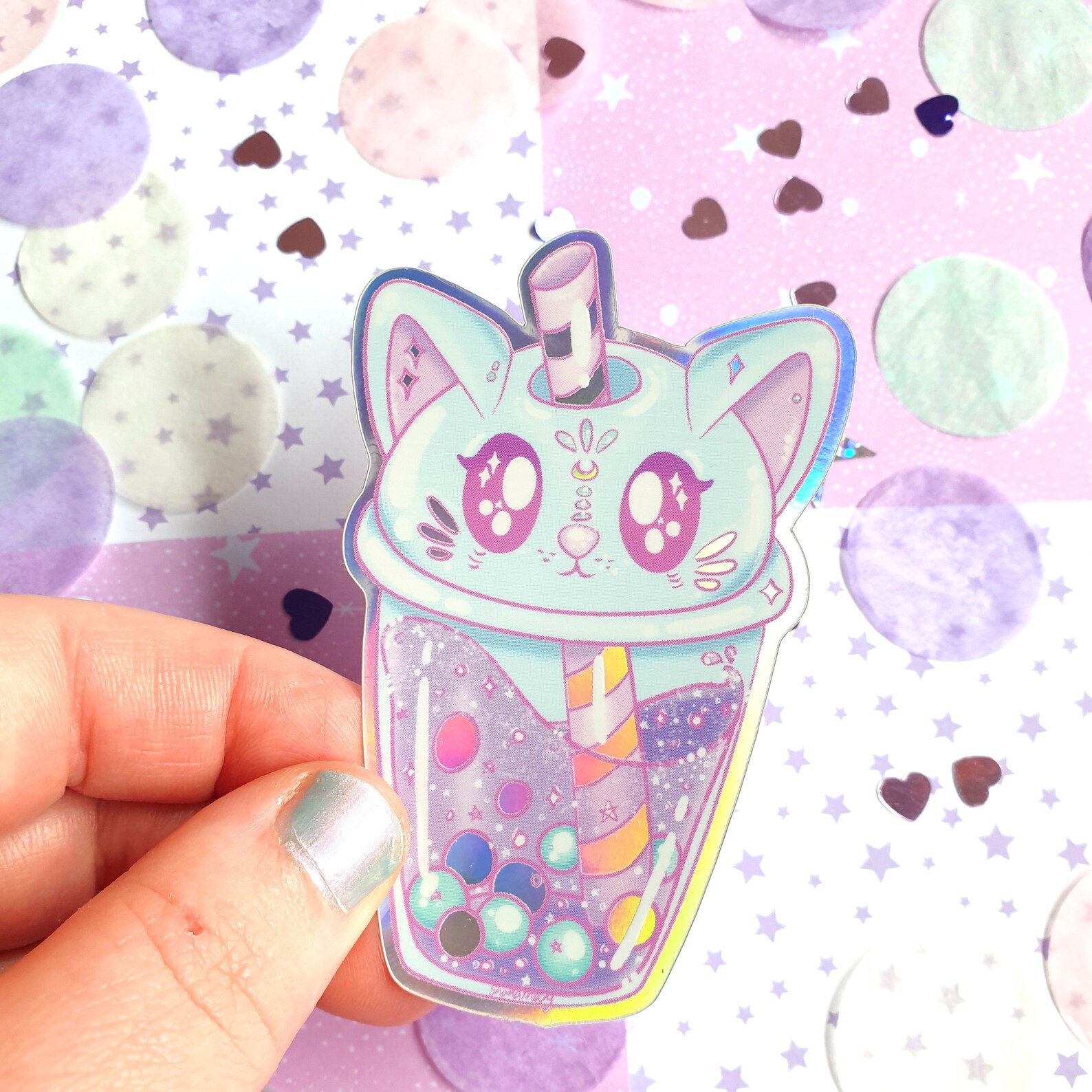 Kawaii Pastel Boba Milk Tea Large Holographic Sticker Etsy