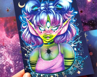 Alien Girl / Holographic Foil / A5 Satin Art Print