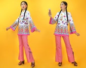 Vintage 1960s Groovy Flower Print Bell Sleeves Tunic SZ S to M 1970s Psychedelic Rainbow color Ultra Mini Dress Hippie Boho