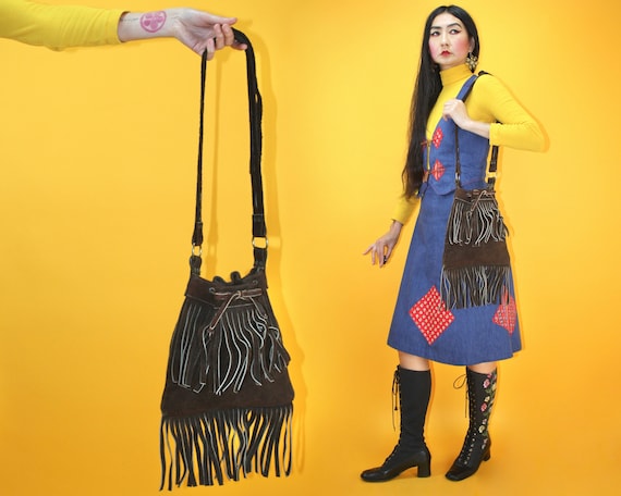 Vintage 1960s 1970s Suede Fringe Shoulder Bag / Vi