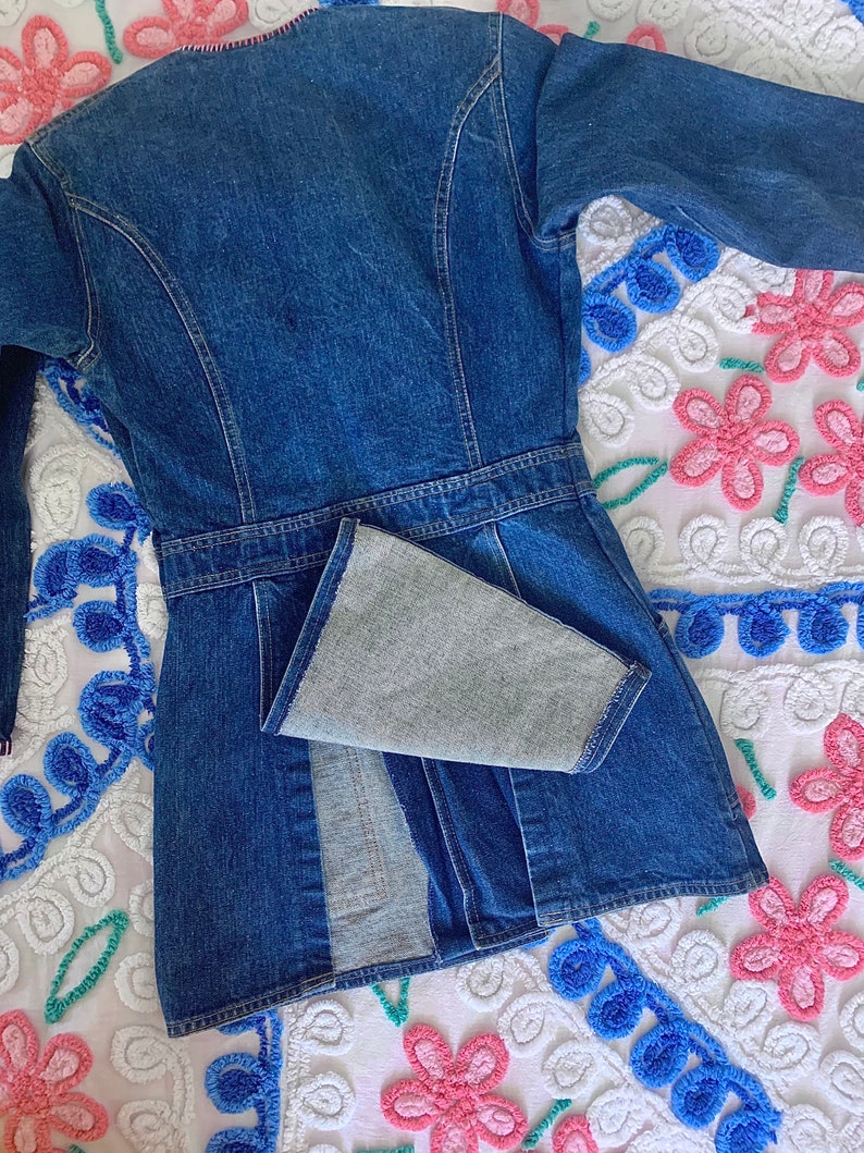 Vintage 1970s Levi\u2019s Orange Tab Indigo Blue Denim Safari Jacket with Folk Art Hand Embroidered StitchSZ S70s Customized Riding Fitted Boho