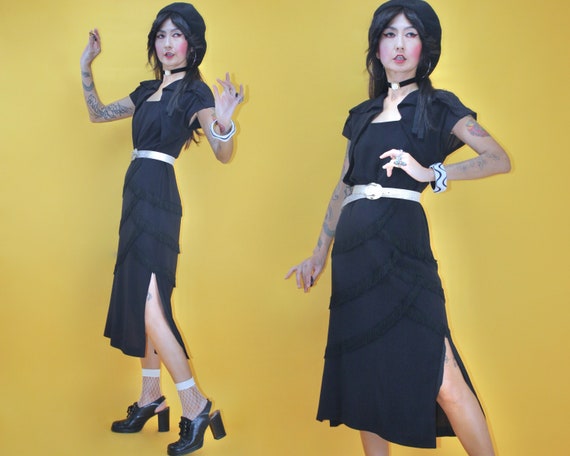 Vintage 1940s Mermaid Scale Fringe Black Crepe Dre