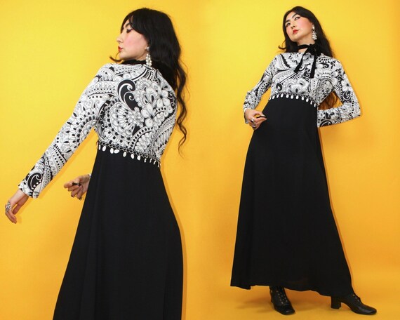 60s MOD Psychedelic print Maxi Dress / SZ S / even