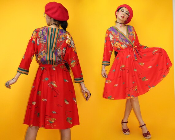 vintage 70s Oriental Tattoo print Dress / SZ M / 1