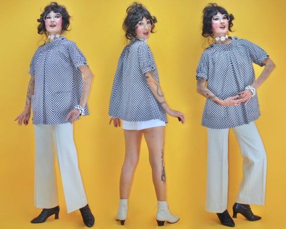 Vintage 1970s 70s Black and White Gingham Check Pu