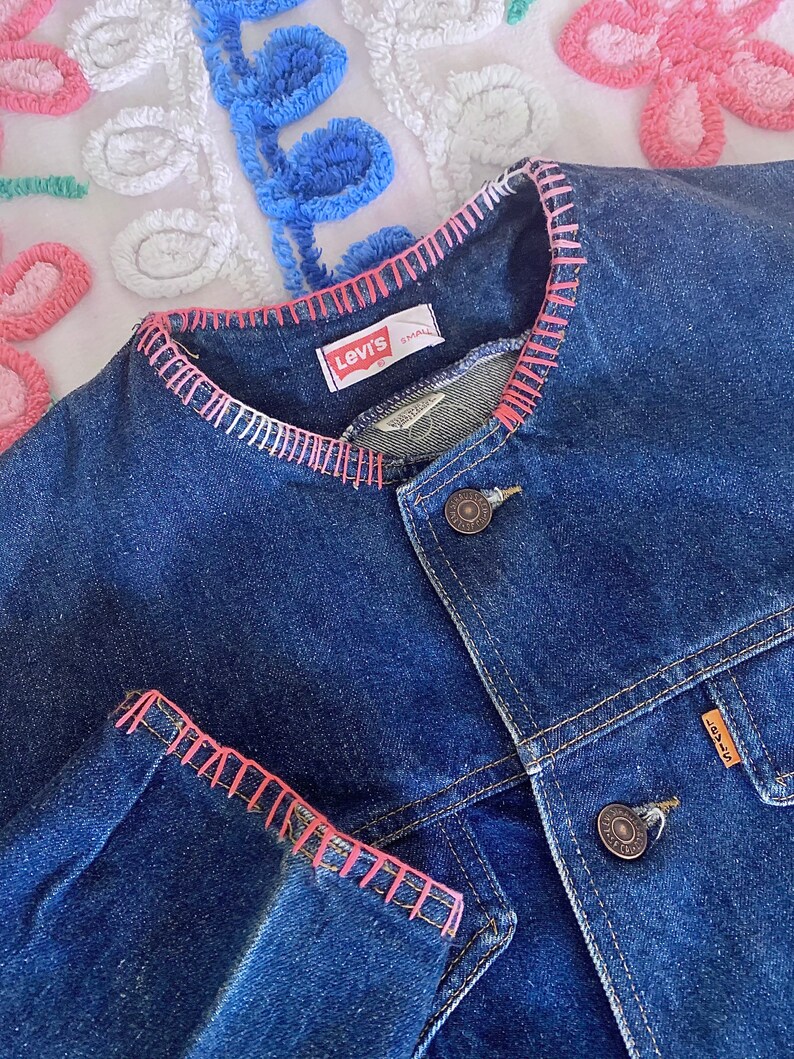 Vintage 1970s Levi\u2019s Orange Tab Indigo Blue Denim Safari Jacket with Folk Art Hand Embroidered StitchSZ S70s Customized Riding Fitted Boho