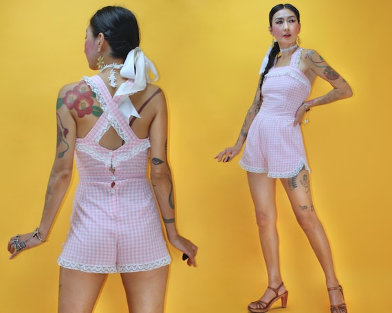 Vintage 1950s 50s Baby Pink Gingham Check Romper /