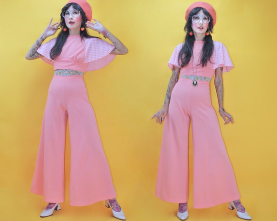 Vintage 70s 1970s Pastel Pink Gingham Elephant Bel