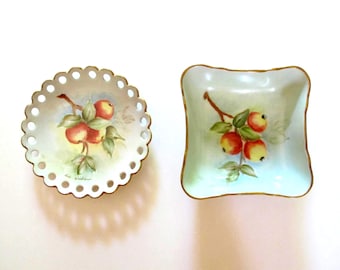 Set of 2 Hand Painted Apples Japanese and German Bavaria China Small Plate Bowl Signed by Artist Vintage