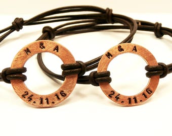Couple Bracelets Set, Copper Washers Bangle Set, His & Hers Bracelets, Custom Hand Stamped Personalized Womens Mens Bracelet, Couple Gift
