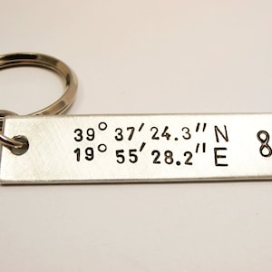 Keychain Personalised Aluminum, Handstamped with custom Coordinates, Initials, Message, Quote, Names, Men Woman Family Friend Groomsmen Gift image 1