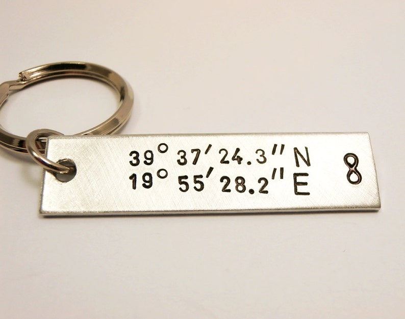 Keychain Personalised Aluminum, Handstamped with custom Coordinates, Initials, Message, Quote, Names, Men Woman Family Friend Groomsmen Gift image 1