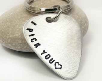 I Pick You Aluminum Guitar Pick Keychain, Guitar Pick Music Plectrum, Hand Stamped Text, Musician Dad Boyfriend Men Father Groomsmen Gift