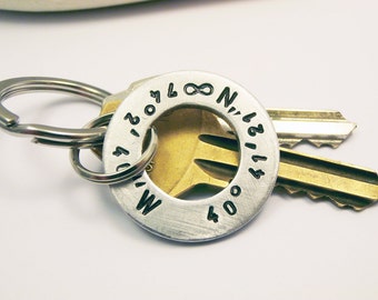 Personalized Aluminum Washer, Coordinates Keychain Hand stamped Names Dates Initials Coordinates Anniversary Men Boyfriend Groomsmen Gift