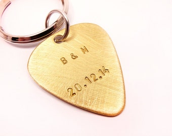 Personalized Keychain, Custom Brass Guitar Pick Plectrum Stamped GPS Location Names Dates Initials Wedding Men Groomsmen Father's Day Gift