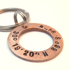 Personalized Copper Washer Latitude Longitude Keychain, Handstamped Names Dates Initials Coordinates Boy Men Family Boyfriend Groomsmen Gift image 1