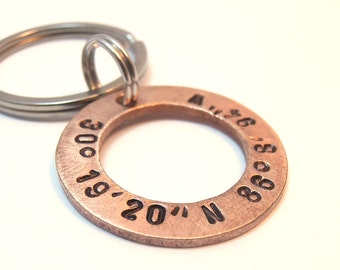 Personalized Copper Washer Latitude Longitude Keychain, Handstamped Names Dates Initials Coordinates Boy Men Family Boyfriend Groomsmen Gift