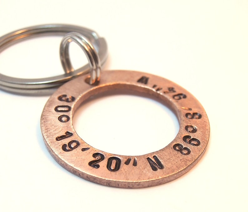 Personalized Copper Washer Latitude Longitude Keychain, Handstamped Names Dates Initials Coordinates Boy Men Family Boyfriend Groomsmen Gift image 1