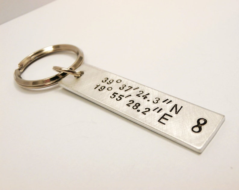 Keychain Personalised Aluminum, Handstamped with custom Coordinates, Initials, Message, Quote, Names, Men Woman Family Friend Groomsmen Gift image 2